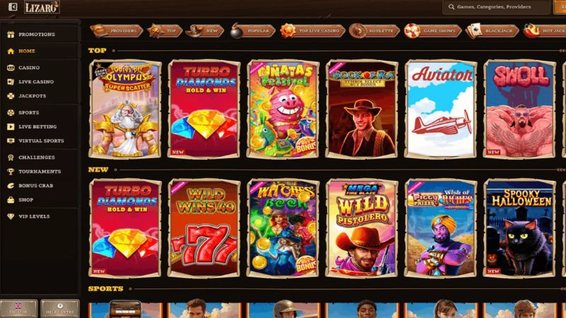 Lizaro Casino screenshot showing the game lobby